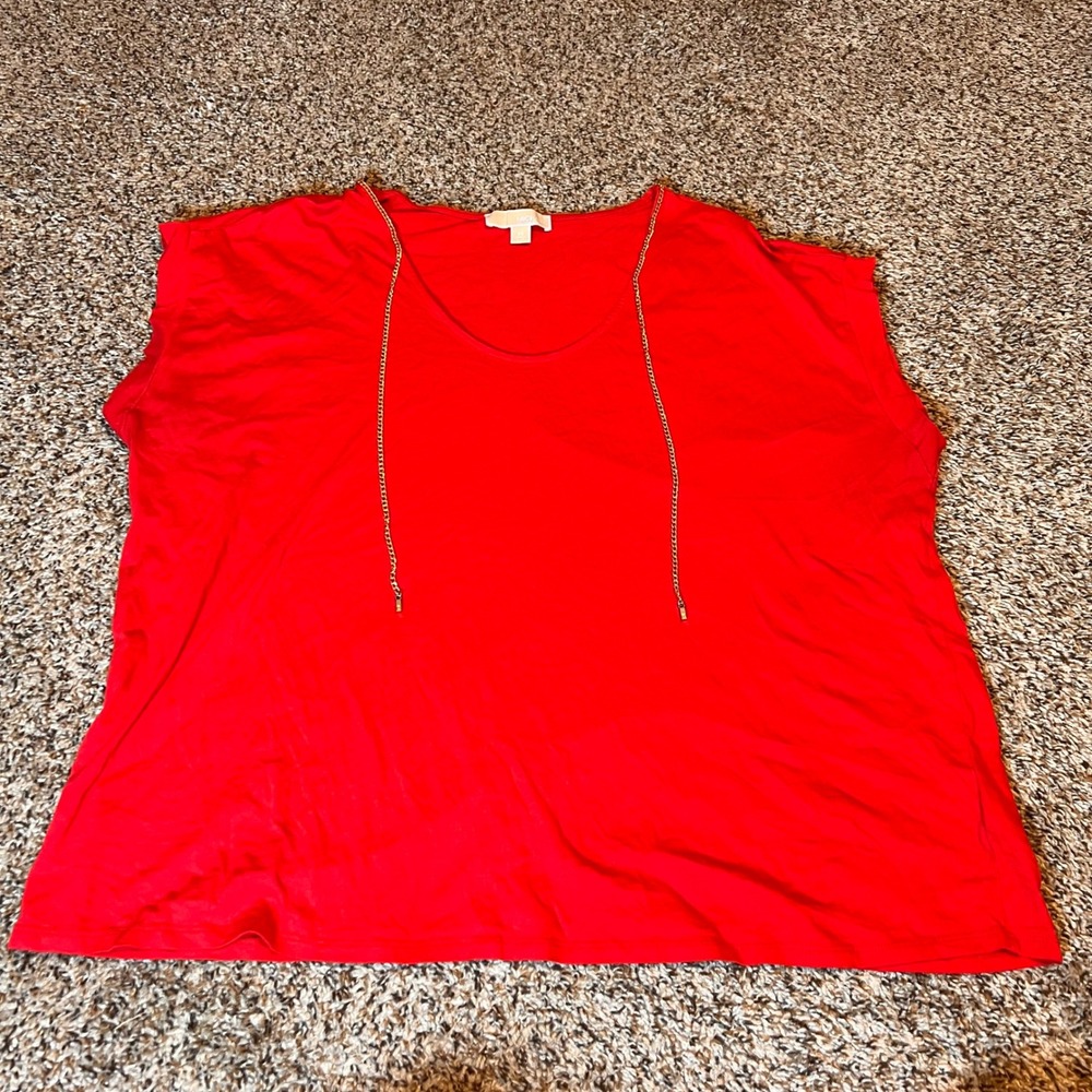 Michael Kors 3X Red Gold Chain Detail Short Sleeve Blouse Top